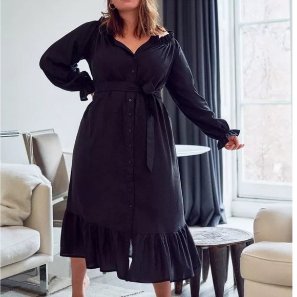 Eloquii Linen Black Dress Button Front Long Sleeves Round Neck Ruffle Hem Midi - Picture 1 of 10